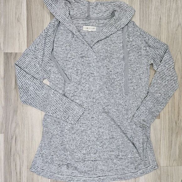 Lou & Grey Loft Womens White Gray Stripe Hooded Oversized Sweater High Low XS - Picture 2 of 7